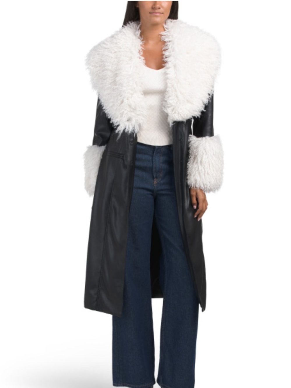NIA Faux Leather Long Coat with White Faux Fur Trim